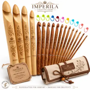 Premium wooden crochet hook set by Imperila Crafted Home featuring multiple hook sizes from 3mm to 30mm, handcrafted bamboo crochet needles with colorful stitch markers on a white background.