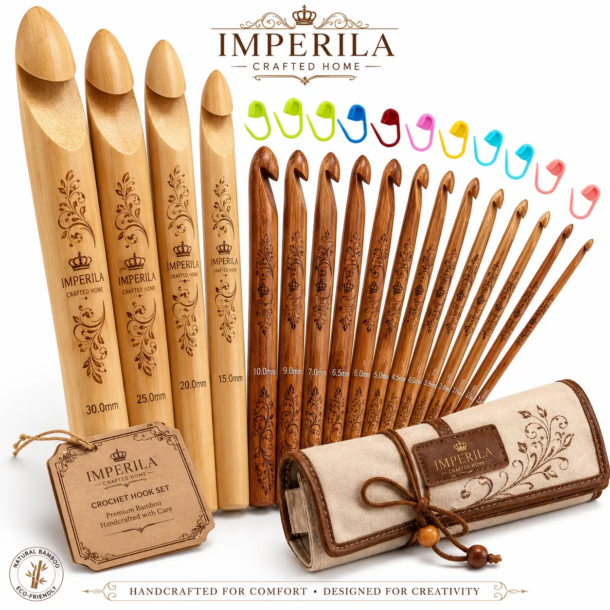 Premium wooden crochet hook set by Imperila Crafted Home featuring multiple hook sizes from 3mm to 30mm, handcrafted bamboo crochet needles with colorful stitch markers on a white background.